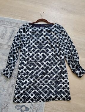 Banana Republic Navy White Geometric Long Sleeve Dress Sz0 Petite